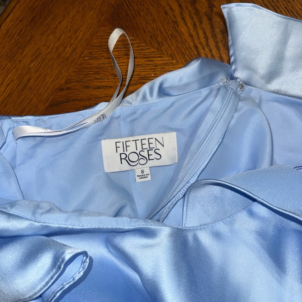 Light Blue One-Shoulder Ruffle Satin Party Dress - Picture 8 of 13